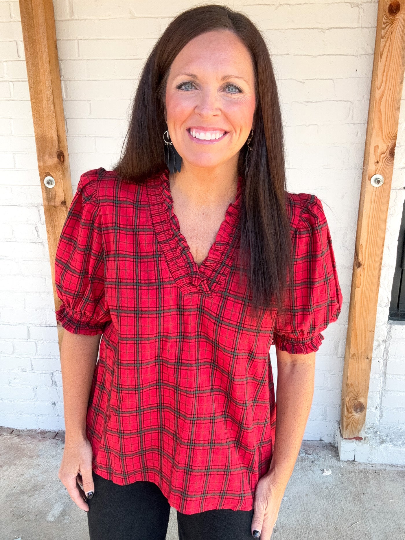 Spanish Harlem Plaid Smock Ruffle Puff Sleeve Top