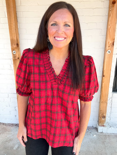 Spanish Harlem Plaid Smock Ruffle Puff Sleeve Top