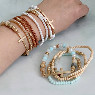 Set Of 4, Stone And Wooden Beads Bracelet: Minty Amazonite