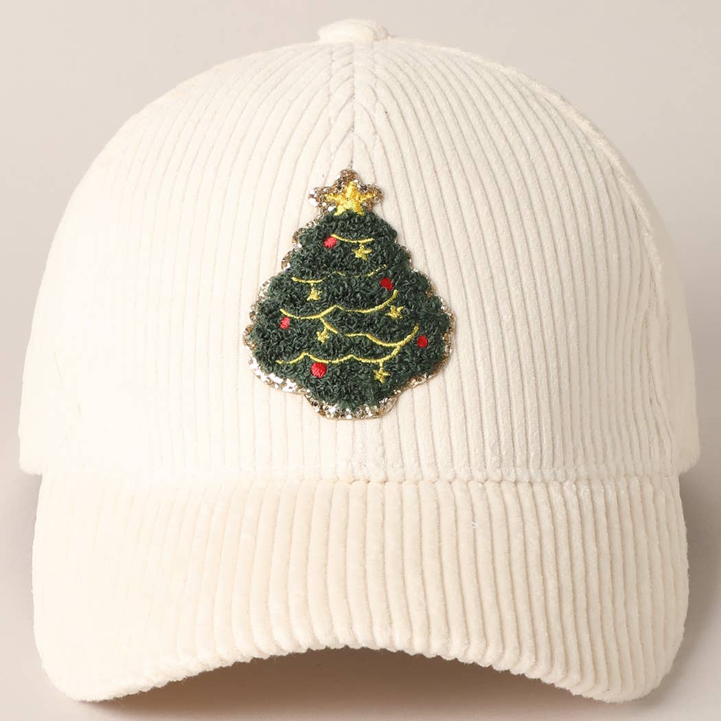 Christmas Tree Patch Corduroy Baseball Cap-Off White