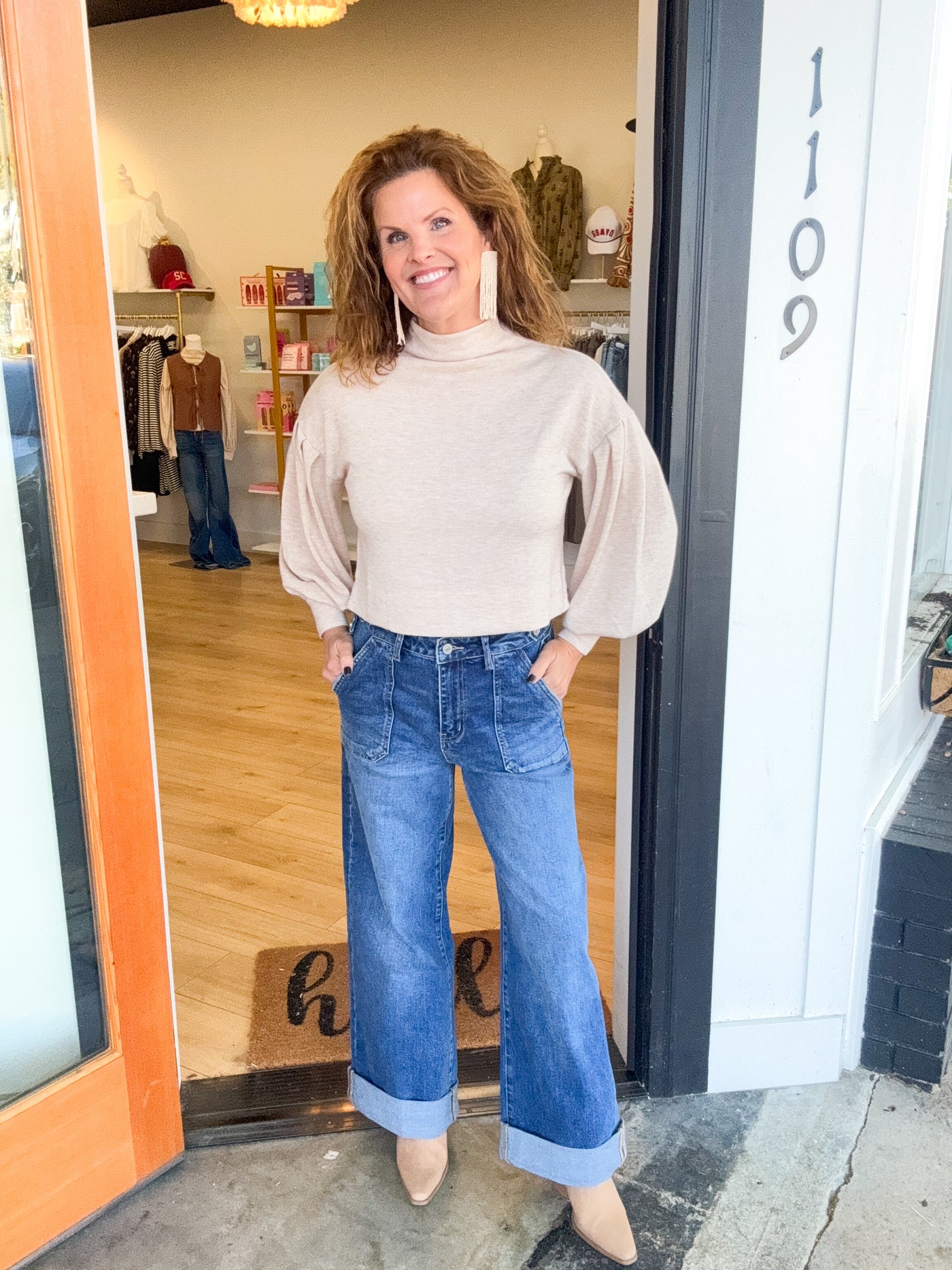 A Little Bit More Mock Neck Balloon Sleeve Top