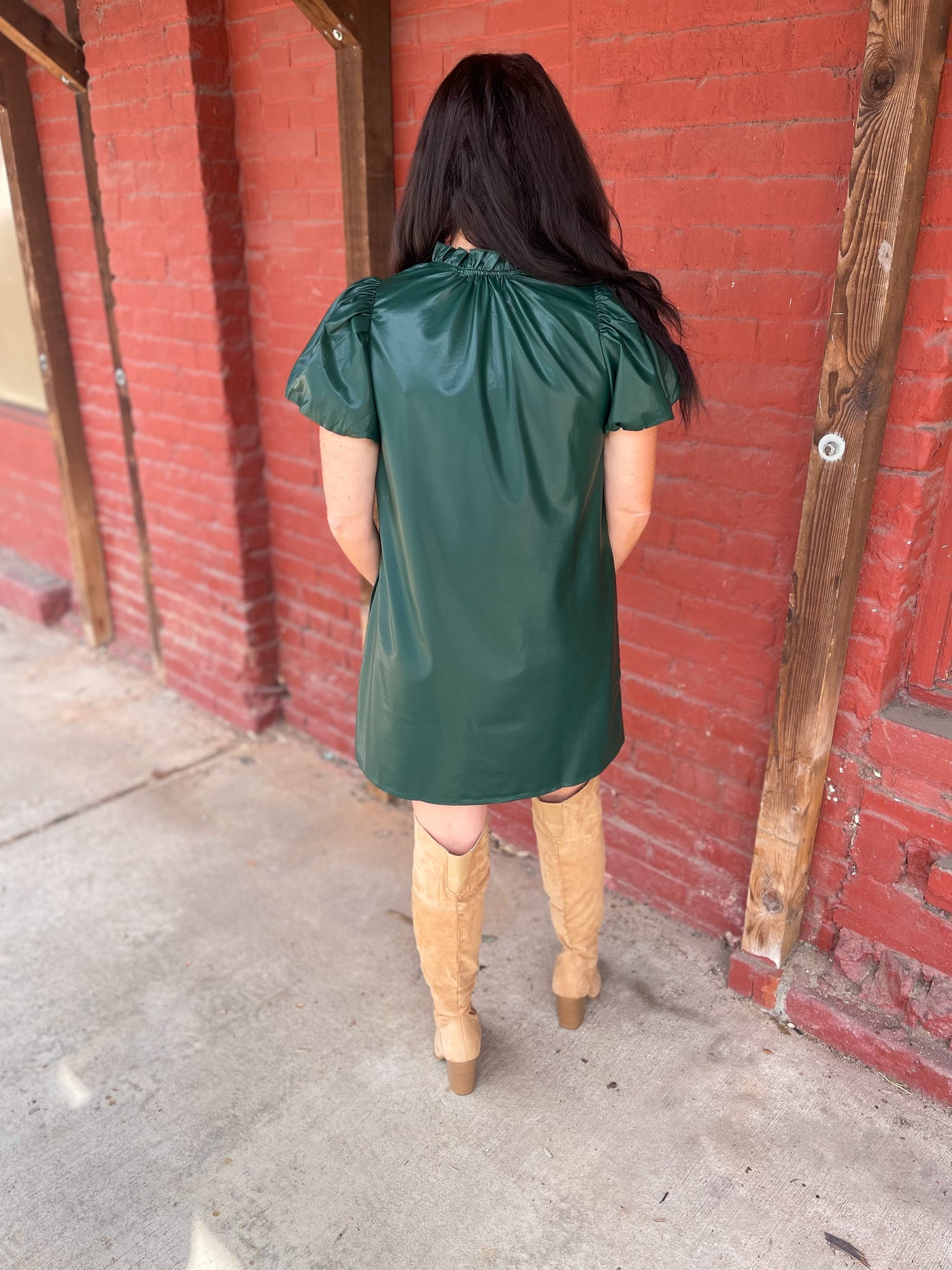 Hunter Green Faux Leather Puff Sleeve Dress