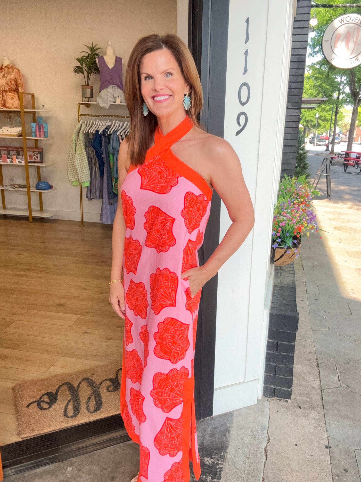 shell halter dress Look Into My Eyes Print Morgan & Co 12339WM extended:56544 55 Bust Color:royal-magenta
