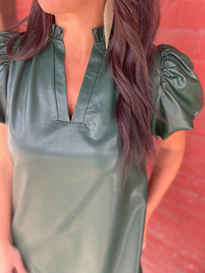Hunter Green Faux Leather Puff Sleeve Dress