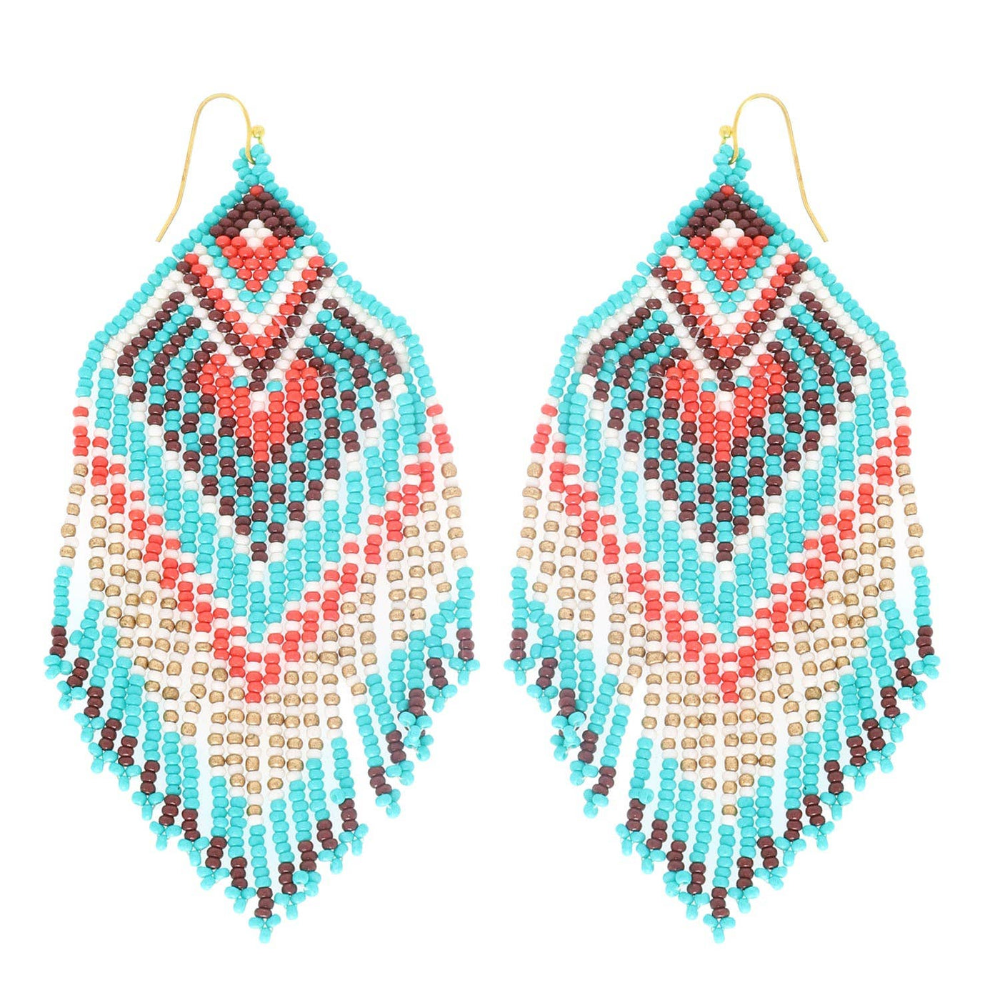 Native American Beaded Tassel Long Drop Earrings: Turquoise