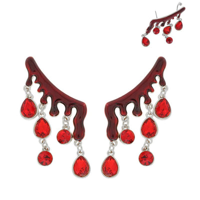 Halloween Red Blood Drop Cuff Earrings: Silver