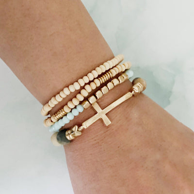 Set Of 4, Stone And Wooden Beads Bracelet: White Marble