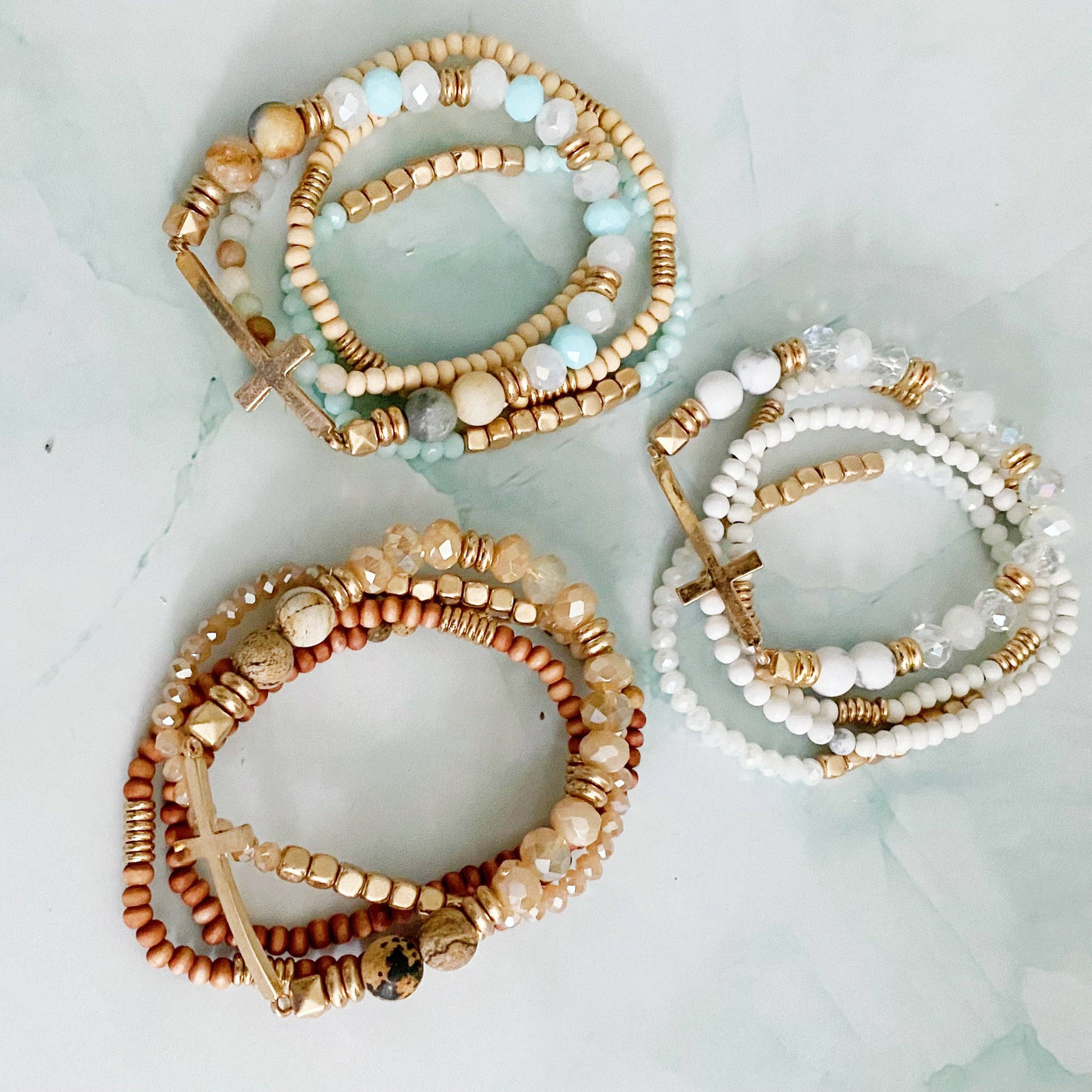 Set Of 4, Stone And Wooden Beads Bracelet: Minty Amazonite