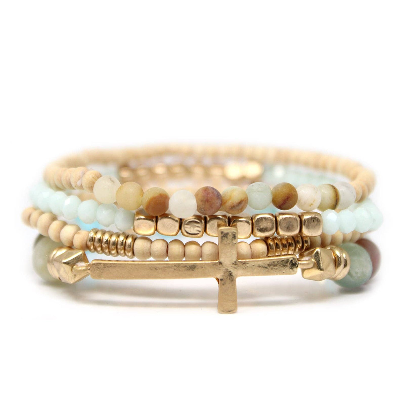 Set Of 4, Stone And Wooden Beads Bracelet: White Marble