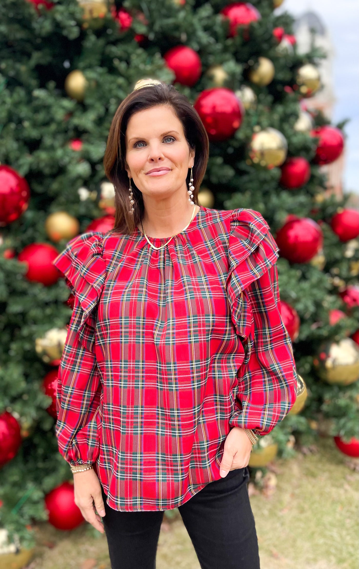 Anytime Red Plaid Ruffle Trim Peasant Top