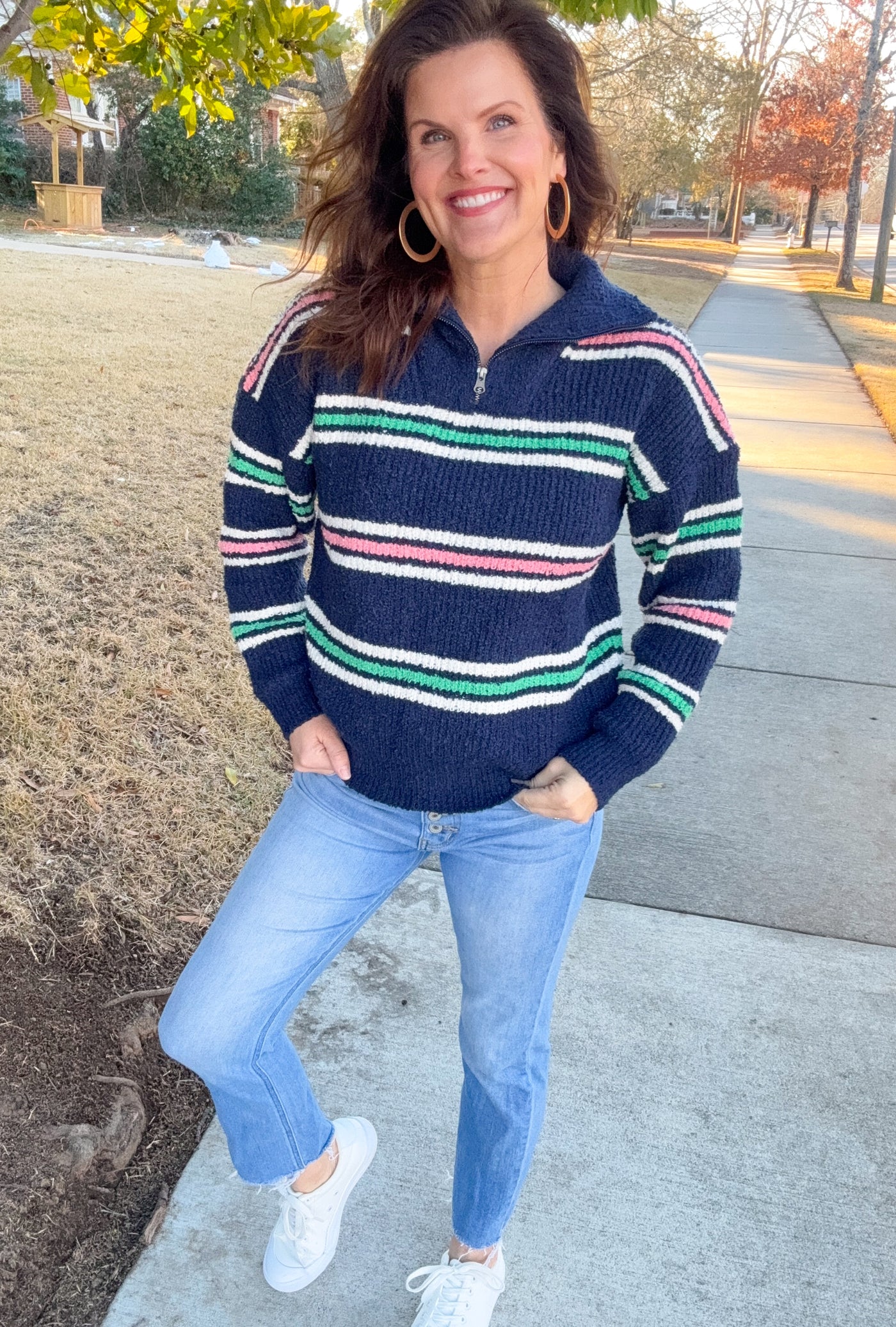 Pretty Please Multi Color Striped Half Zip Up Knit Sweater Top