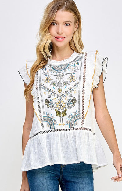 I'm Sorry Embroidered Ruffle Peplum Top