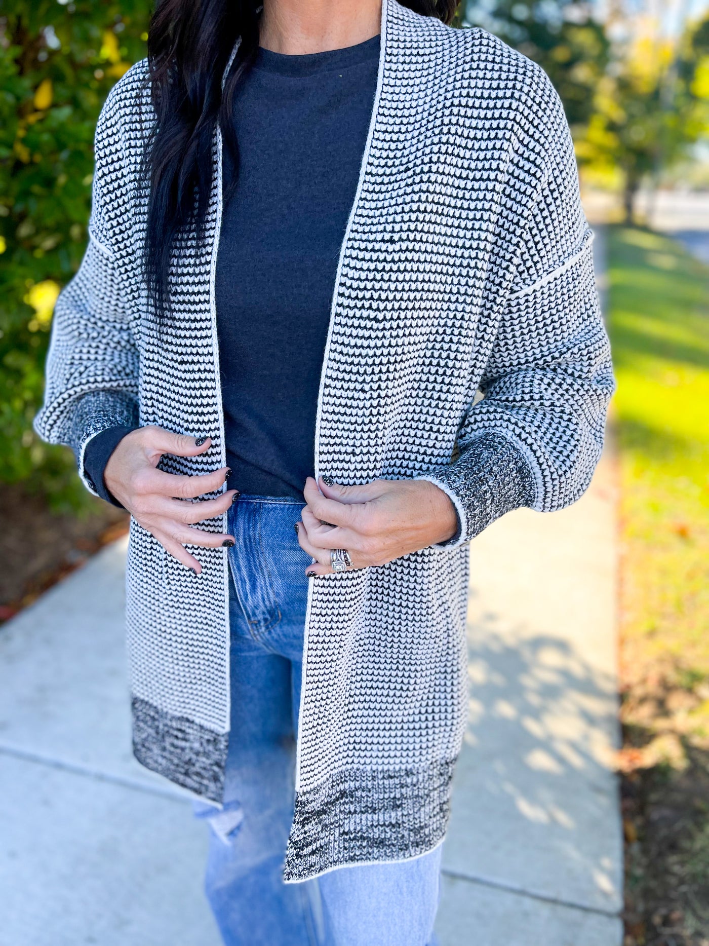 Too Young Black & White Checked Contrast Hem Open Cardigan