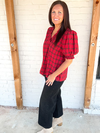 Spanish Harlem Plaid Smock Ruffle Puff Sleeve Top