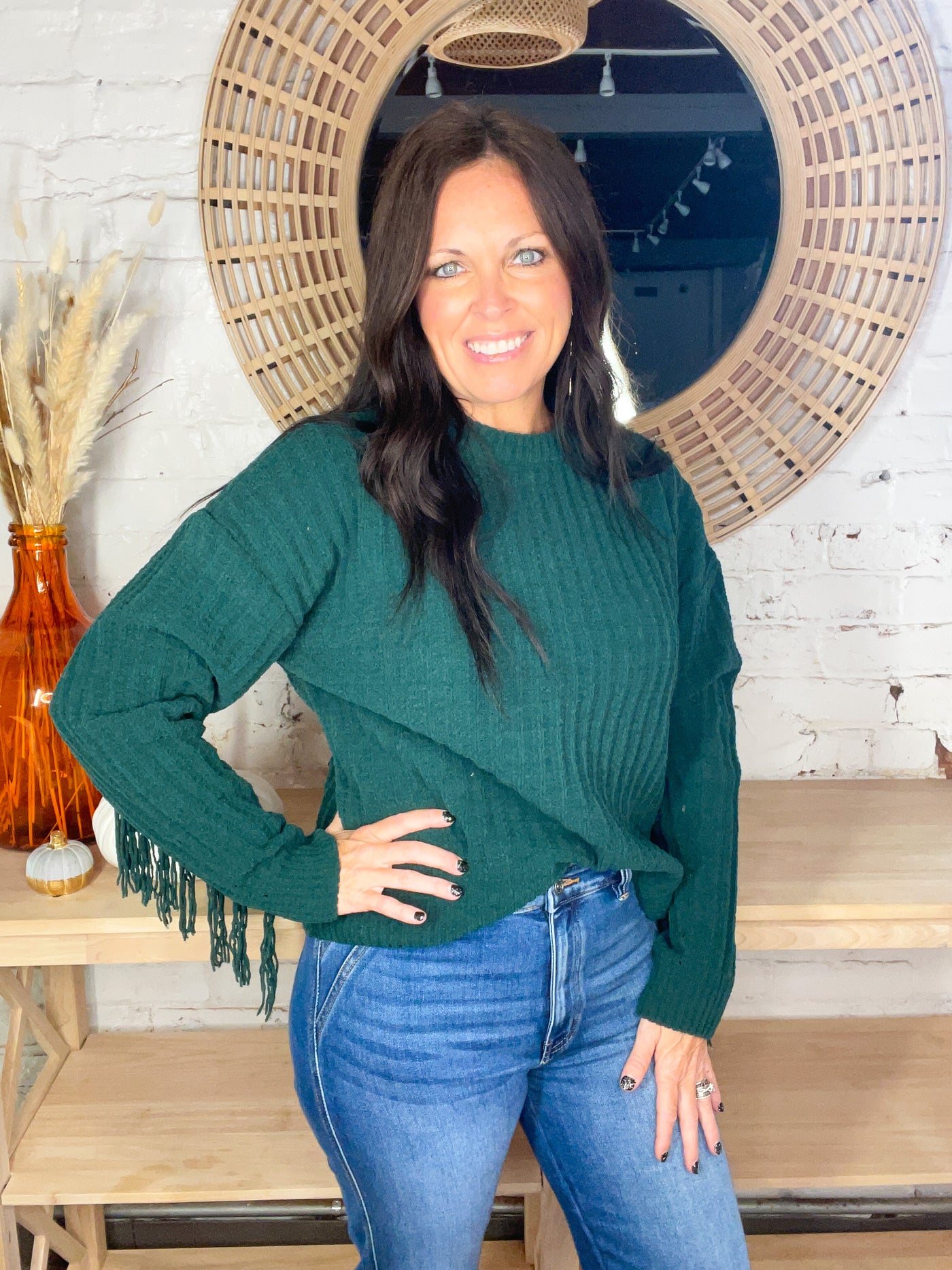 Cry Fringe Trim Ribbed Chenille Sweater