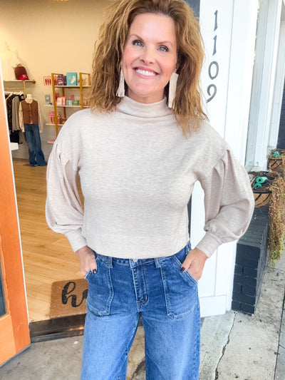 A Little Bit More Mock Neck Balloon Sleeve Top