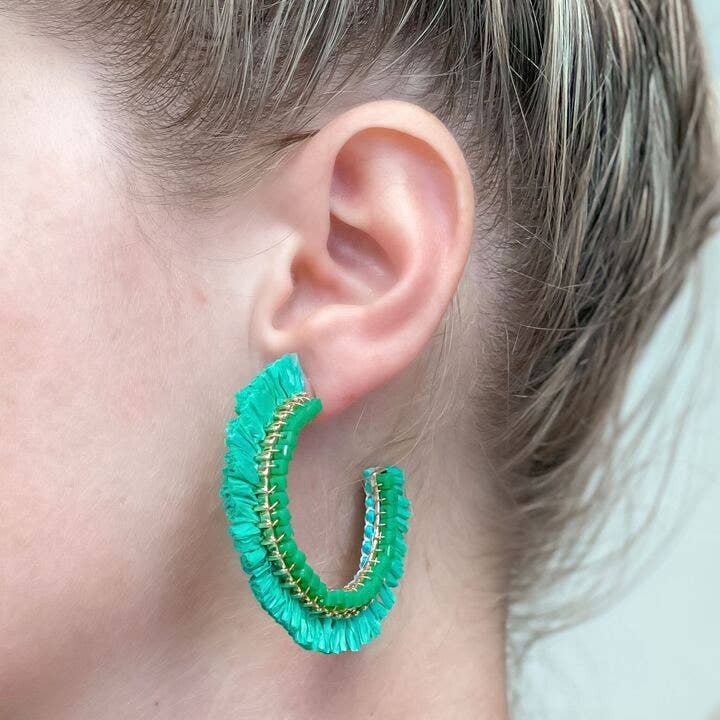 Beaded Raffia Hoop Earrings: Green