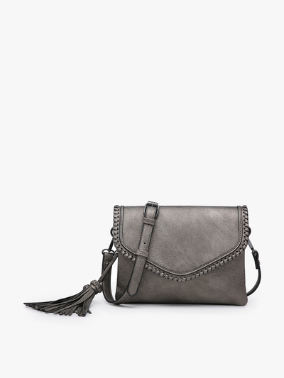 Sloane Flapover Crossbody w/ Whipstitch and Tassel: Grey