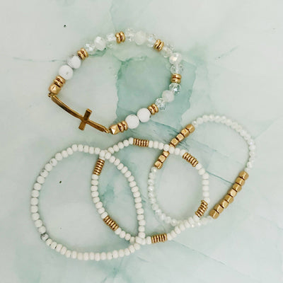 Set Of 4, Stone And Wooden Beads Bracelet: White Marble