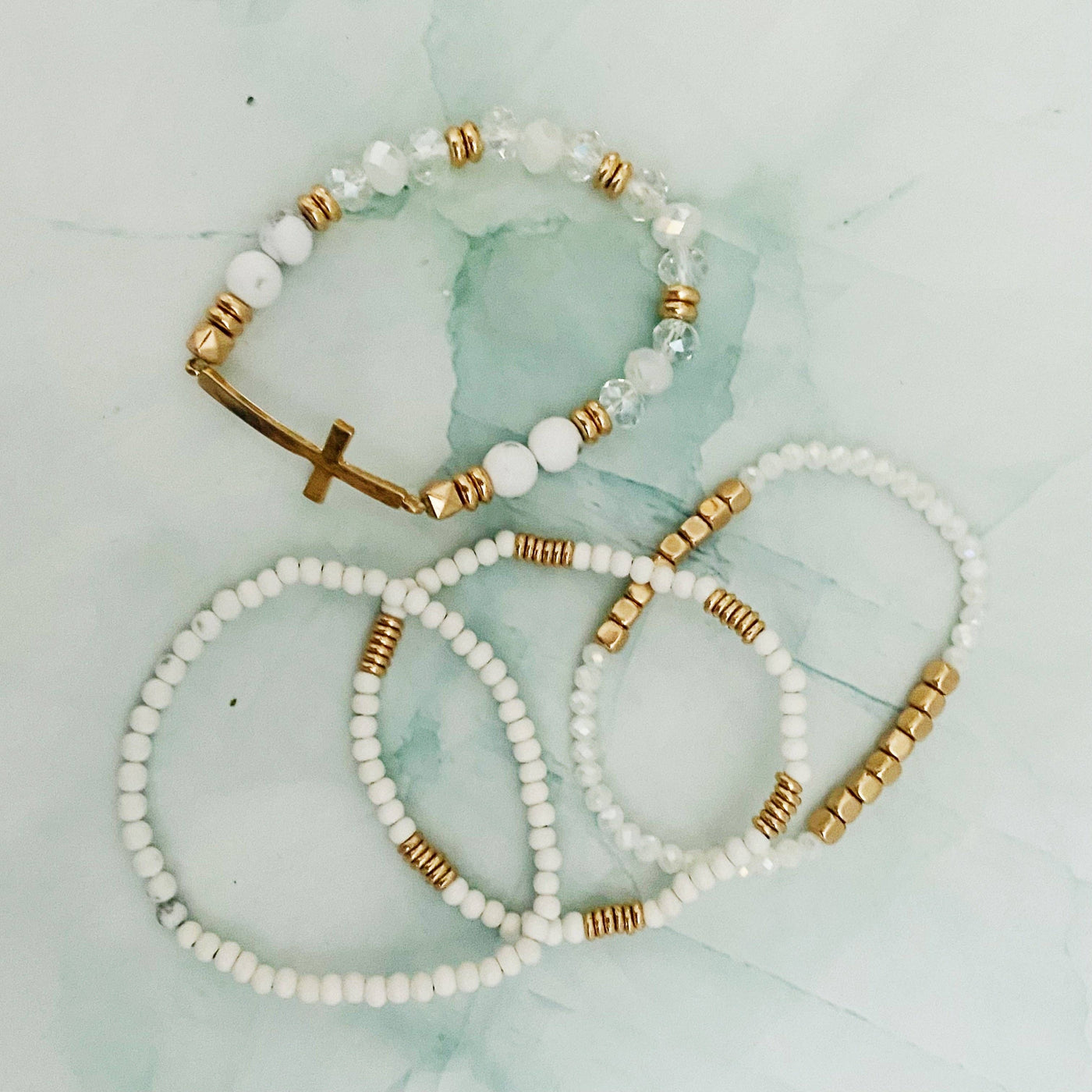 Set Of 4, Stone And Wooden Beads Bracelet: Minty Amazonite