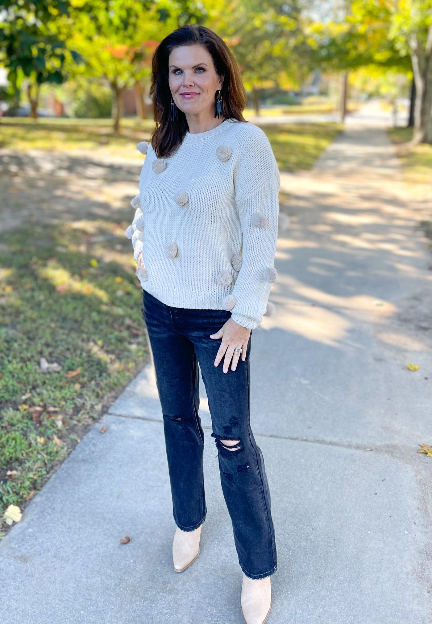 Mockin' Bird Hill Ivory Pom Pom Chunky Knit Sweater
