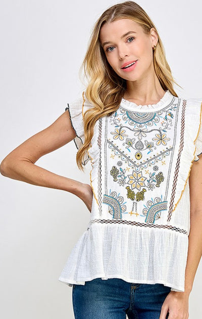 I'm Sorry Embroidered Ruffle Peplum Top