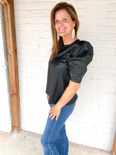 I Fall To Pieces Faux Leather Puff Sleeve Top