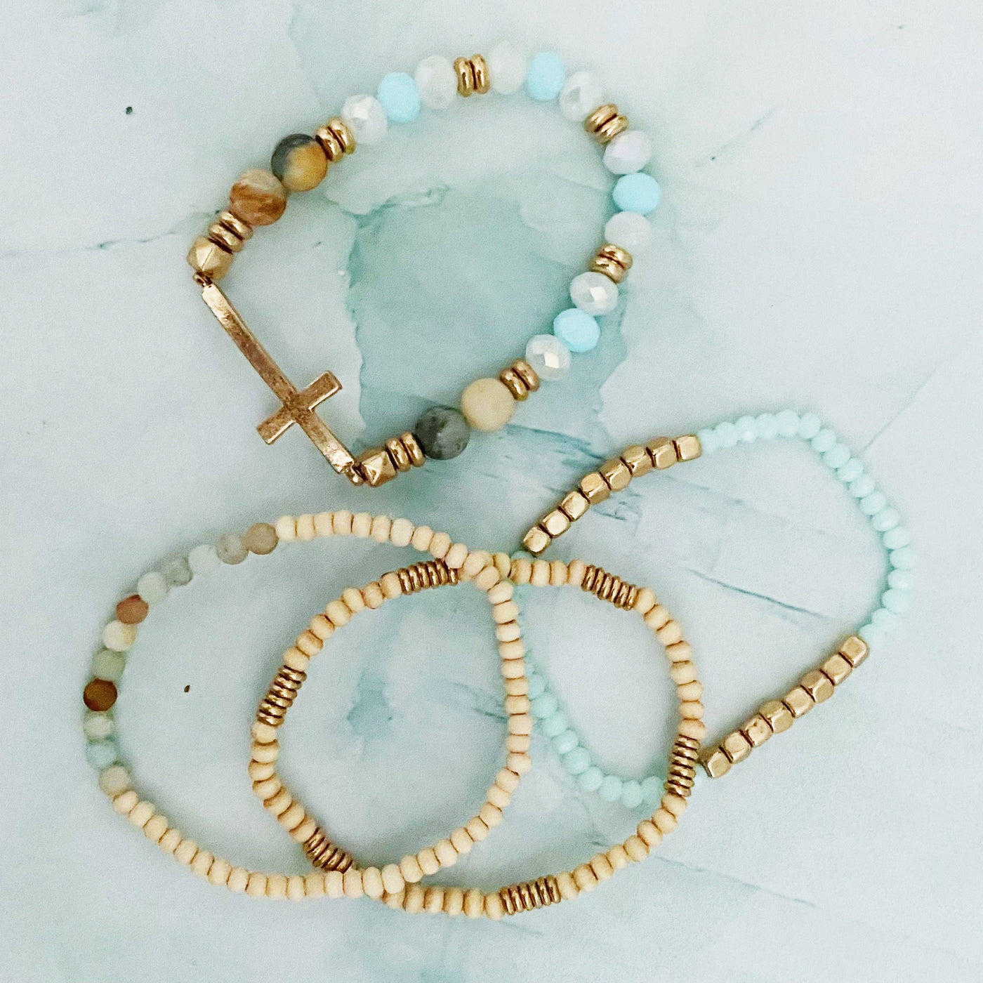 Set Of 4, Stone And Wooden Beads Bracelet: Minty Amazonite