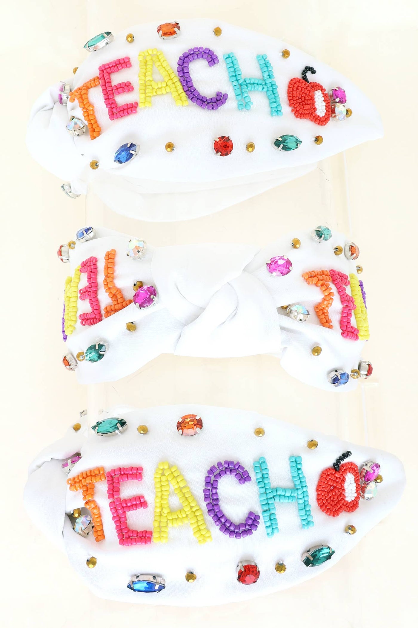 Beaded "Teach" & Apple w/ Rhinestones Knotted Headband: White