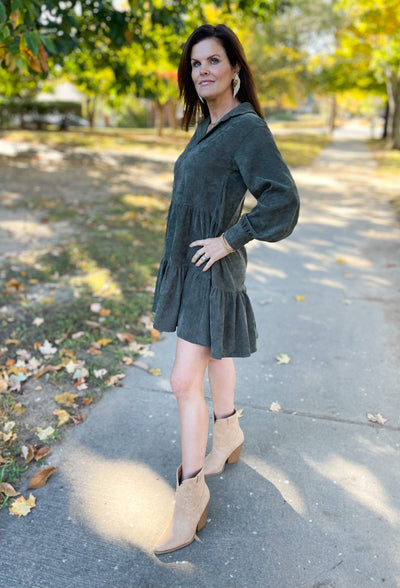 Because of You Olive Corduroy Tiered Dress