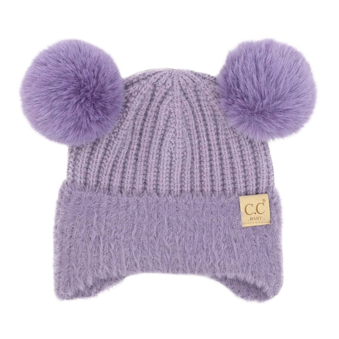 BABY Fur Earflap Double Pom C.C Beanie BBHTE0108: Lavender