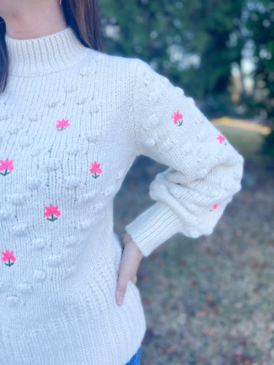 Skokiaan Floral Embroidered Mock Neck Sweater