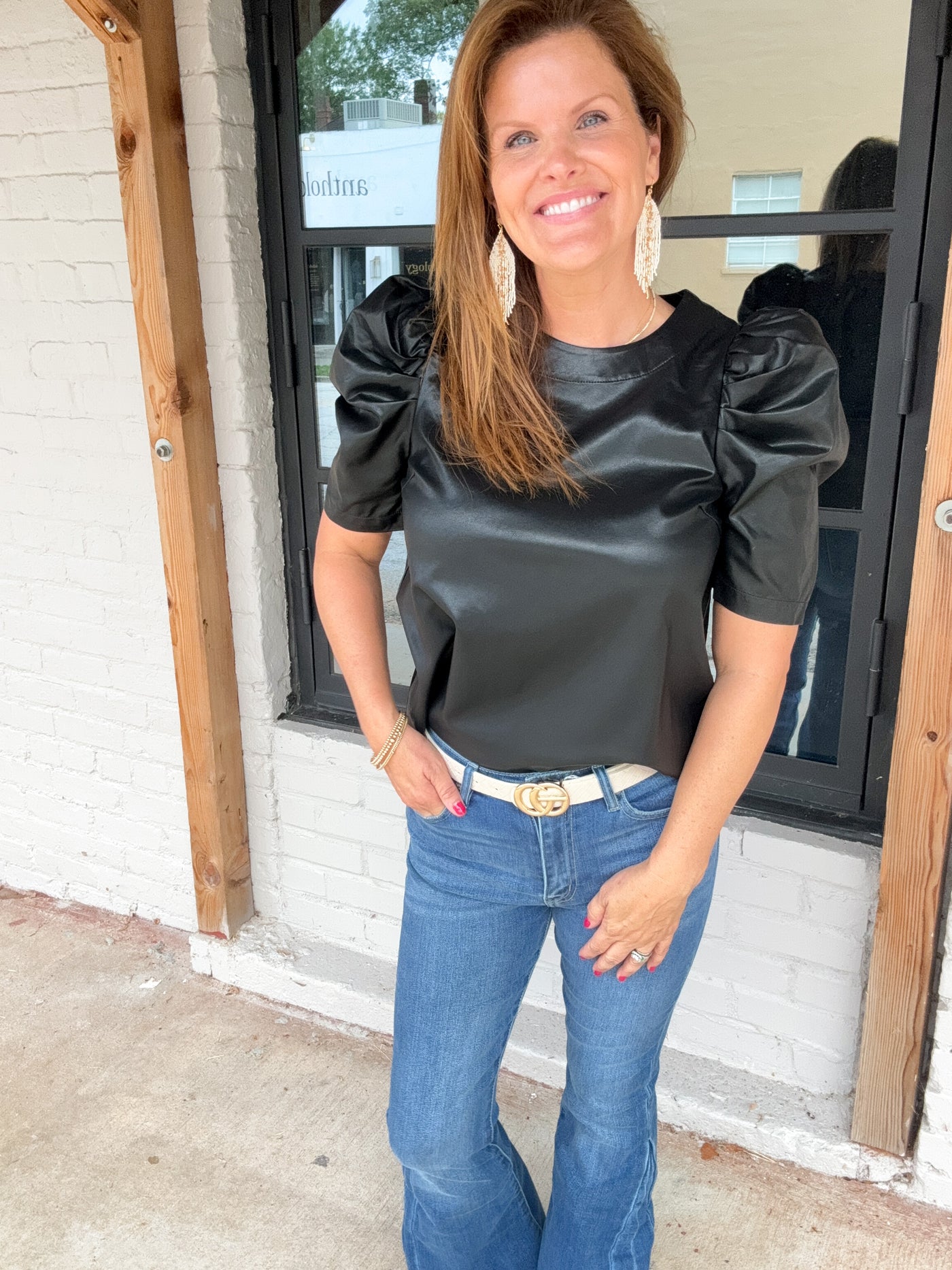 I Fall To Pieces Faux Leather Puff Sleeve Top