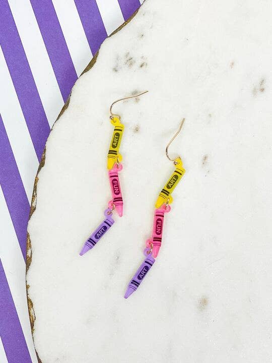 'Art' Acrylic Crayon Dangle Earrings: Pink Multi