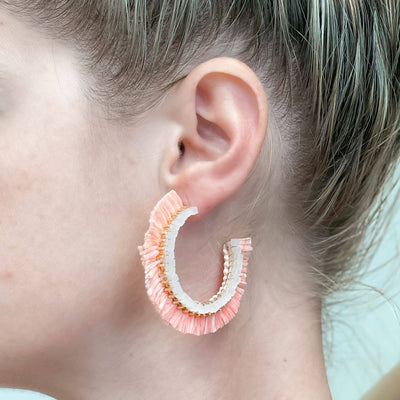 Beaded Raffia Hoop Earrings: White