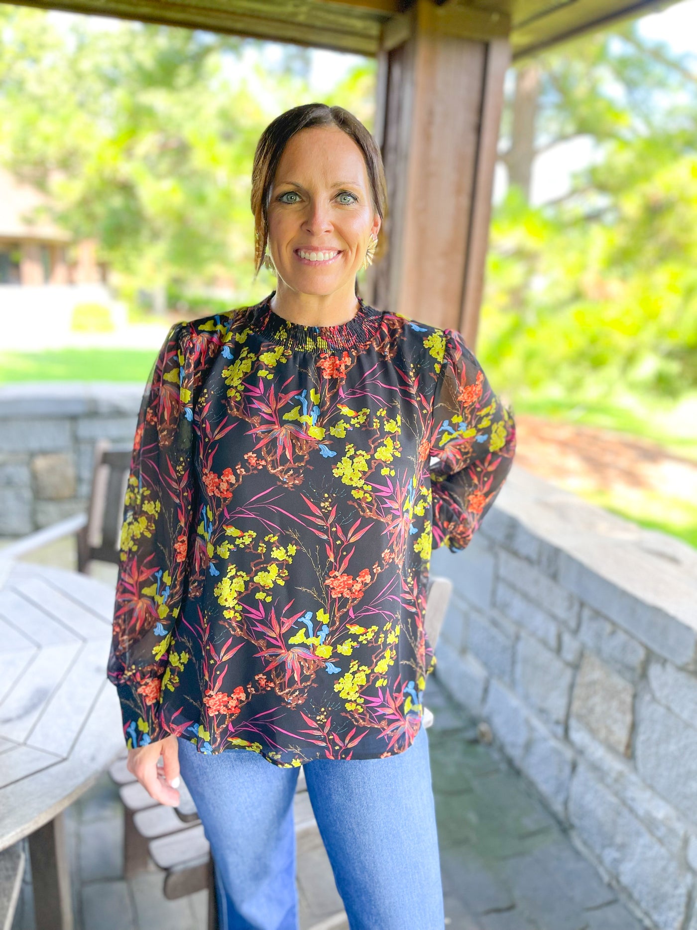 Hold On My Heart Black Floral Smock Trim Top