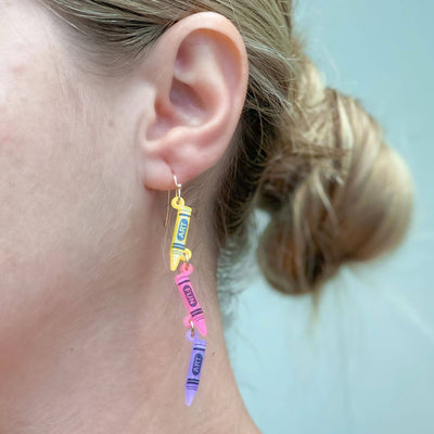 'Art' Acrylic Crayon Dangle Earrings: Pink Multi