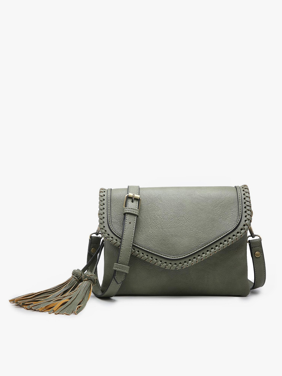 Sloane Flapover Crossbody w/ Whipstitch and Tassel: Grey