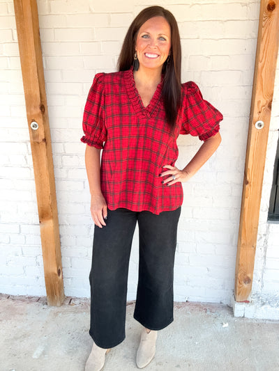 Spanish Harlem Plaid Smock Ruffle Puff Sleeve Top