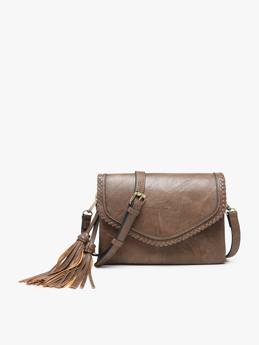 Sloane Flapover Crossbody w/ Whipstitch and Tassel: Grey