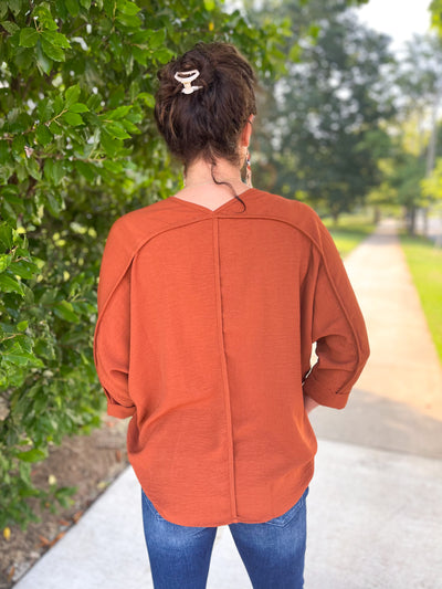 Warm It Up Caramel 3/4 Sleeve V-Neck Top