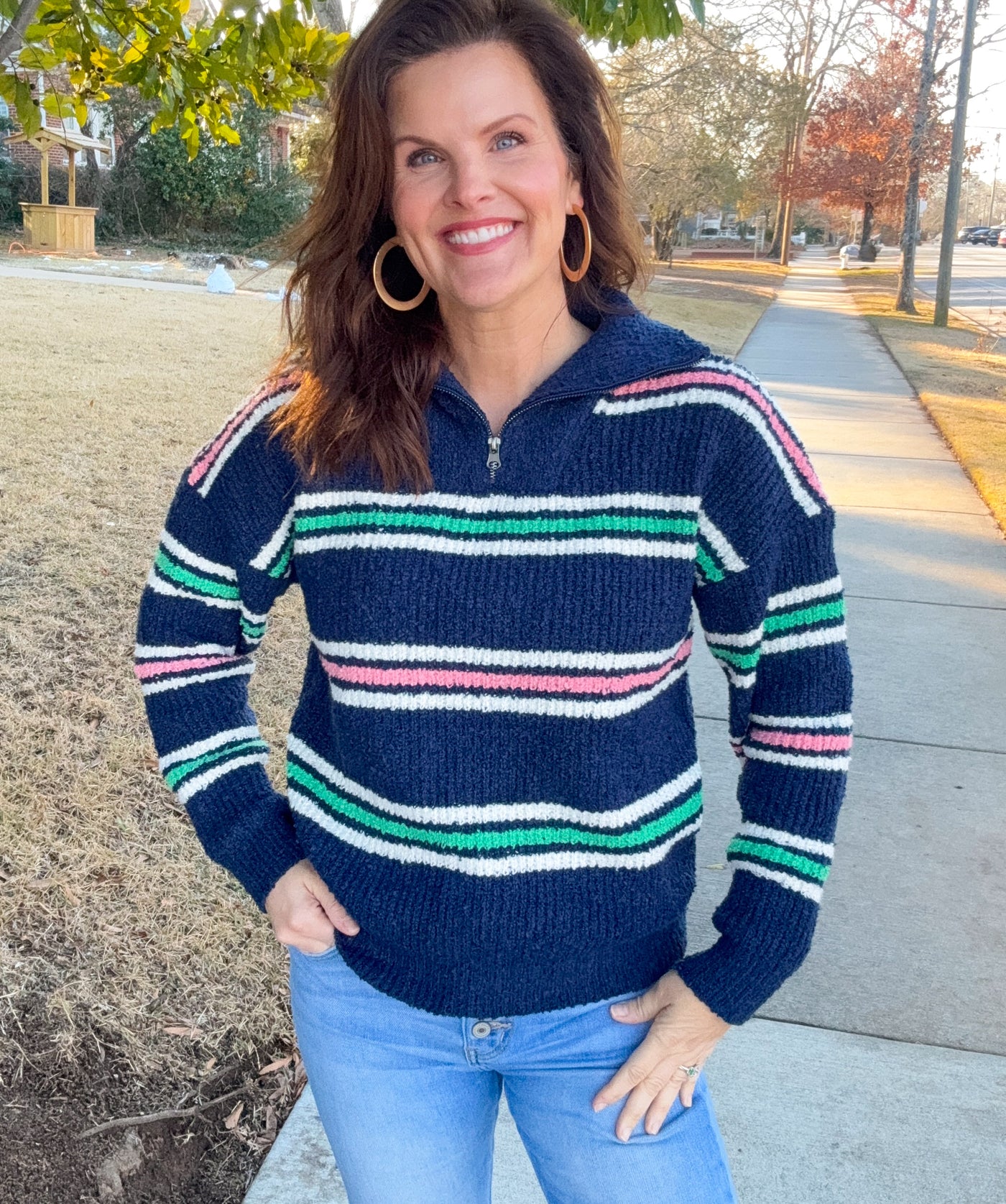 Pretty Please Multi Color Striped Half Zip Up Knit Sweater Top