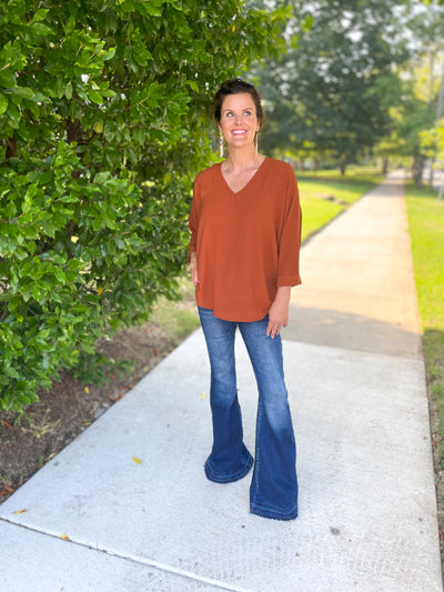 Warm It Up Caramel 3/4 Sleeve V-Neck Top