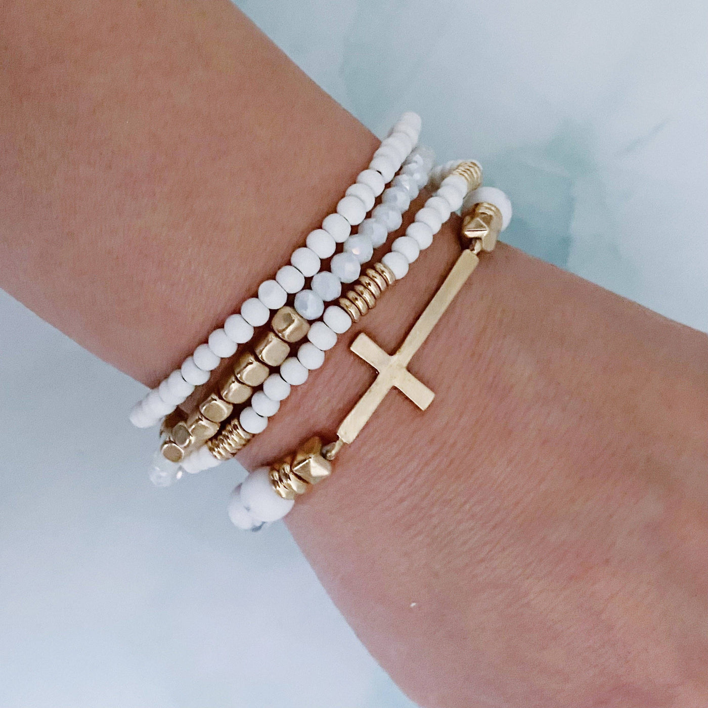 Set Of 4, Stone And Wooden Beads Bracelet: White Marble