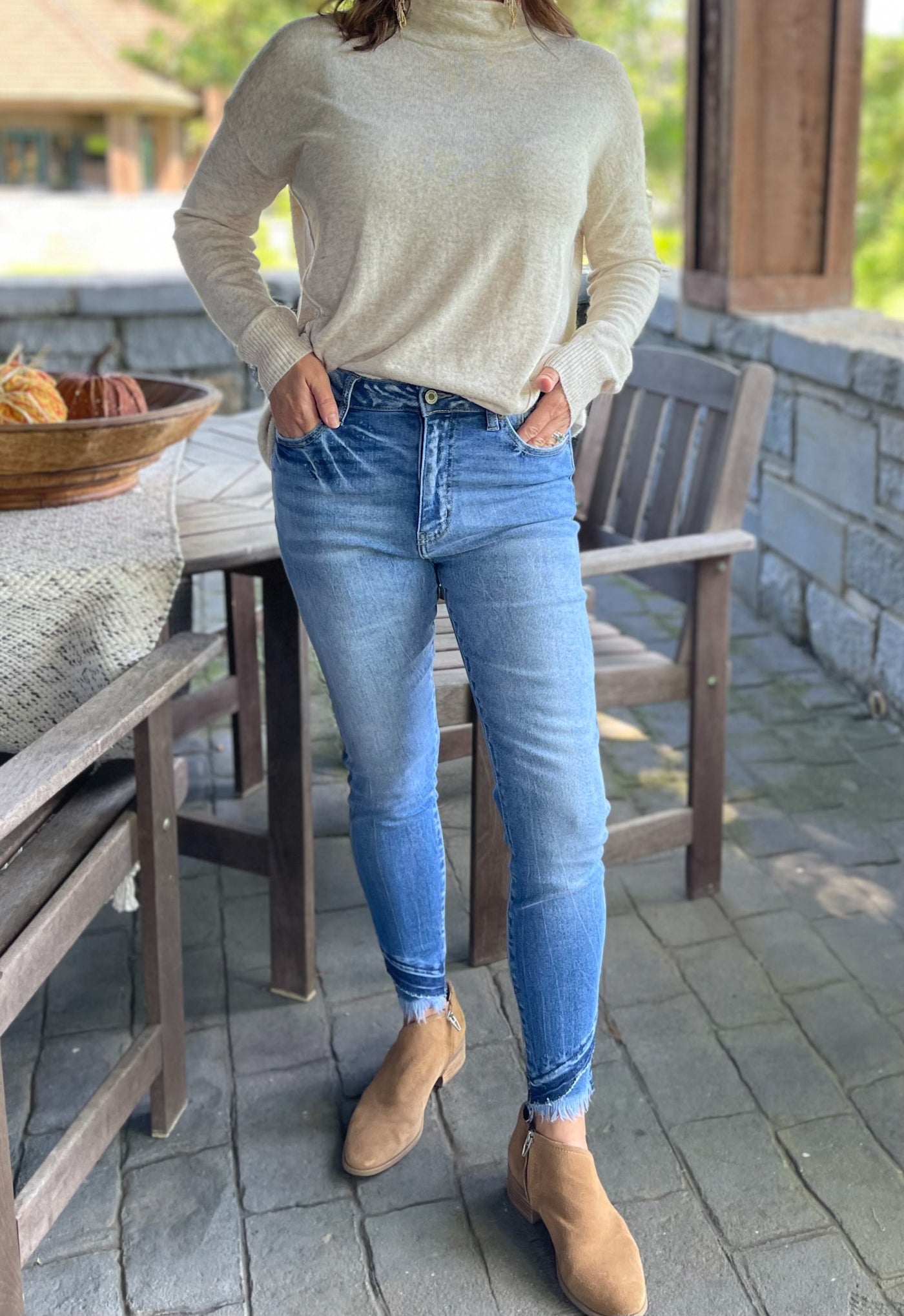 Iliana Medium Wash Cross Fringe Skinny Jeans