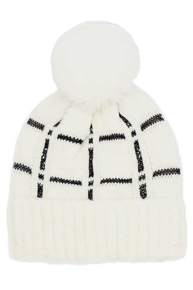 Plaid Pattern Pom Pom Beanie: Ivory