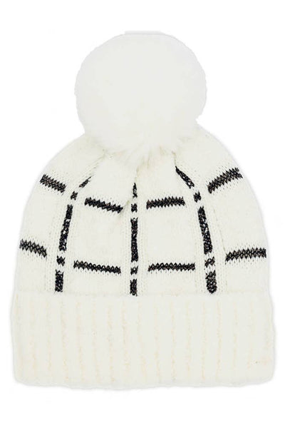 Plaid Pattern Pom Pom Beanie: Black