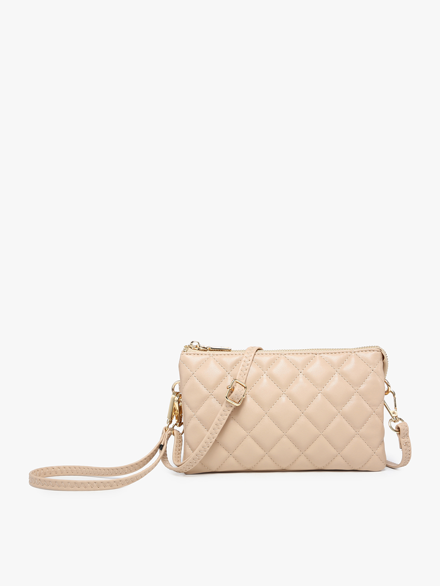 Riley Quilted 3 Compartment Crossbody/Wristlet: Tan