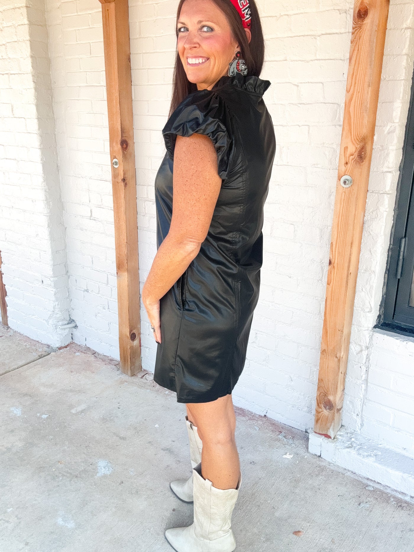 Running Scared Ruffle Puff Sleeve Faux Leather Dress