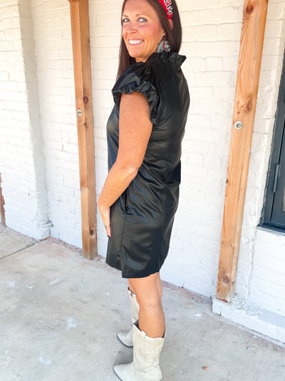 Running Scared Ruffle Puff Sleeve Faux Leather Dress